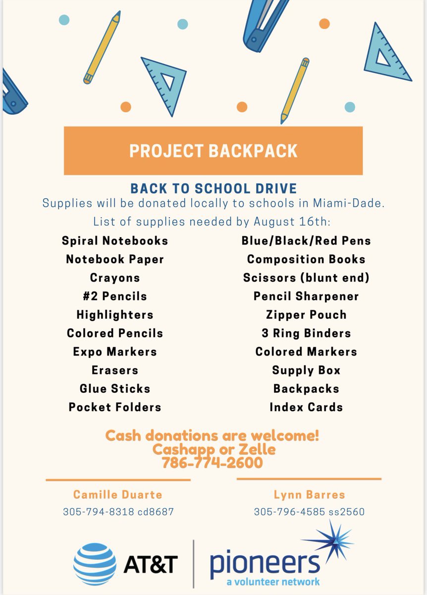 camilleduarte94's tweet photo. Join us in supporting Project Backpack, our annual back to school drive supporting students/schools in need in Miami! Looking forward to our event next week! @ATTPioneers @ATTimpact @LynnBarres @sbs_marcus https://t.co/9ehuz9q9PB