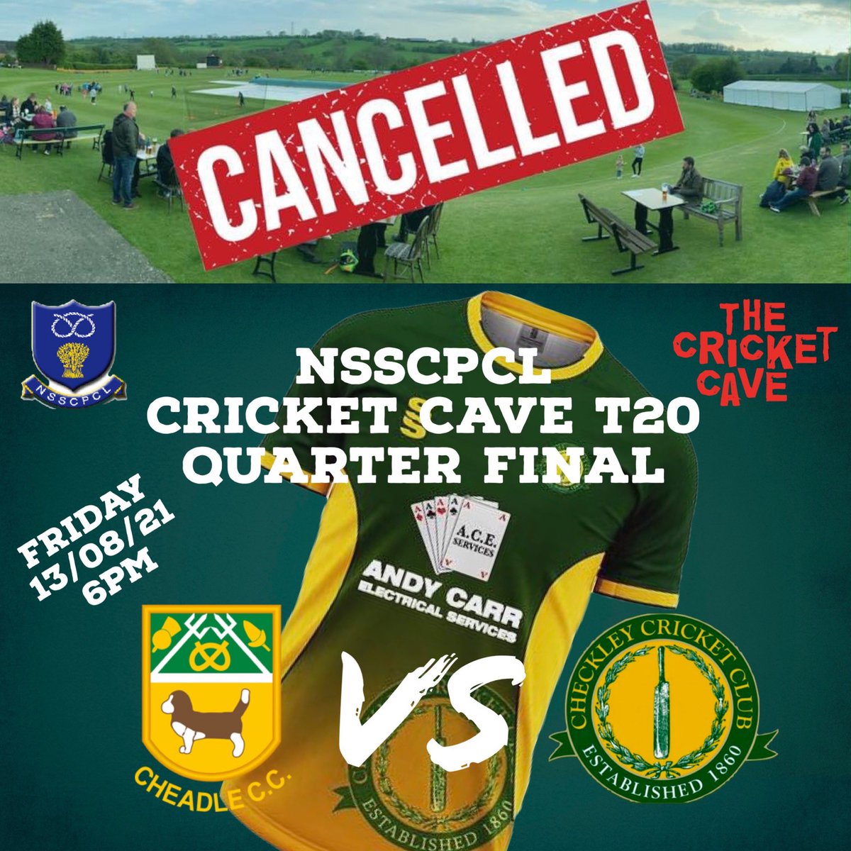 Unfortunately it is with regret that this Fridays junior training has had to be cancelled.  

On the upside <a href="/checkleyaces/">Checkley CC</a> 1st XI are in action <a href="/CheadleCCStaffs/">Cheadle CC Staffs</a> in the next round of the T20 in their quest to reach the semi finals. #checkleyaces #T20 #cricketcave #nsscpcl