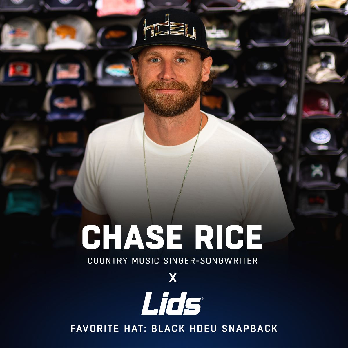 lids's tweet photo. Multi-Platinum entertainer @ChaseRiceMusic is the newest Lids Ambassador, and the first exclusive hat under his fan-favorite HDEU brand has already landed in select locations and online at https://t.co/HndXkA7pEZ 
Learn More: https://t.co/geZxVzcHpD 1/2 https://t.co/p7HB07ZJRv