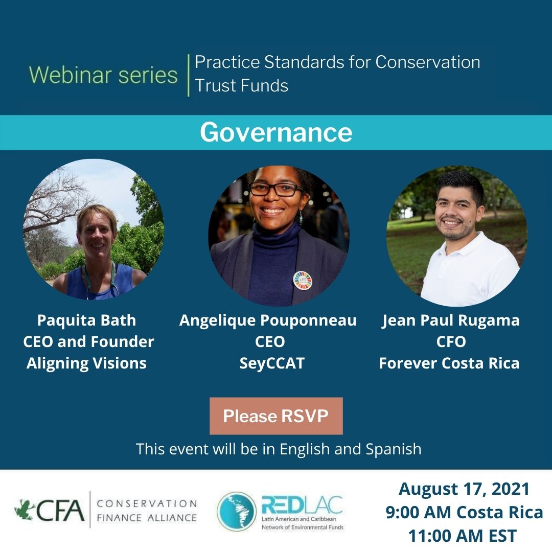 Upcoming CFA Webinar!

August 17th, 11am EDT

Practice Standards for Conservation Trust Funds - Governance and Institutional Effectiveness

Read more and register here: bit.ly/3lWgMBL

#conservation #conservationfinance #governance #ConservationTrustFunds