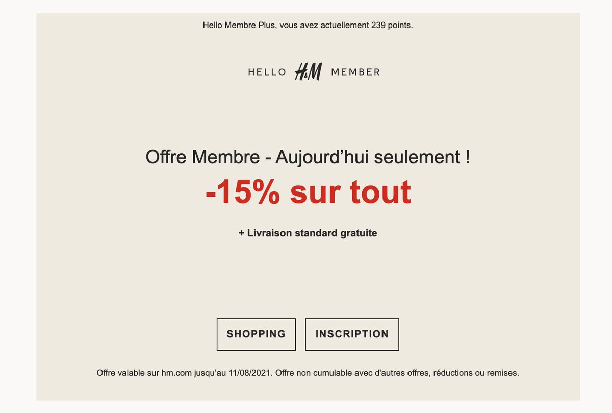Communication lamentable <a href="/hmfrance/">H&M France</a> sur votre dernière promo. Apparemment les 15% n'étaient que sur les commandes à partir de 18H ce qui n'était pas mentionné sur l'email promotionnel reçu. Résultat les 15% n'ont pas été appliqué sur ma commande !