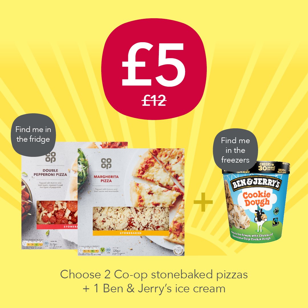 mycoopfood's tweet photo. Grab a "pizza" this amazing deal! 🍕+ 🍕 + 🍦

2 Co-op stonebaked pizzas + 1 Ben &amp; Jerry's ice cream all for £5, you can't go wrong. 

Visit our deals page for more offers like this:
https://t.co/WmHHeGTnp6 https://t.co/syJt4rRXjo