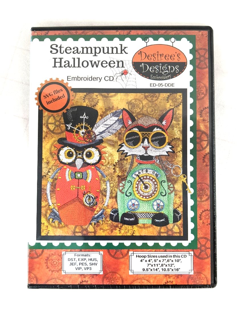 Do you love Halloween? We do! Look at these fantastic steampunk embroidered Owl & Cat. You know you want to make this! An added bonus to this pack is it has an SVG file included so Scan n Cut owners we have a Halloween project for you too!

#birdsongquiltshop #embroideryproject