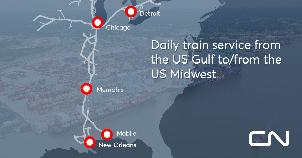 CNRailway's tweet photo. CN’s strategic connections to @PortNOLA &amp; the #PortofMobile in the Gulf Coast provide capacity and fluidity in connecting the US Midwest with markets overseas. Our daily trains between key markets such as Chicago, Detroit and Memphis provide viable options for your supply chain! https://t.co/kD3g2vKLhL