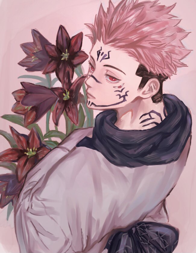 ryoumen sukuna (jujutsu kaisen) 1boy male focus pink hair flower solo red eyes kimono  illustration images