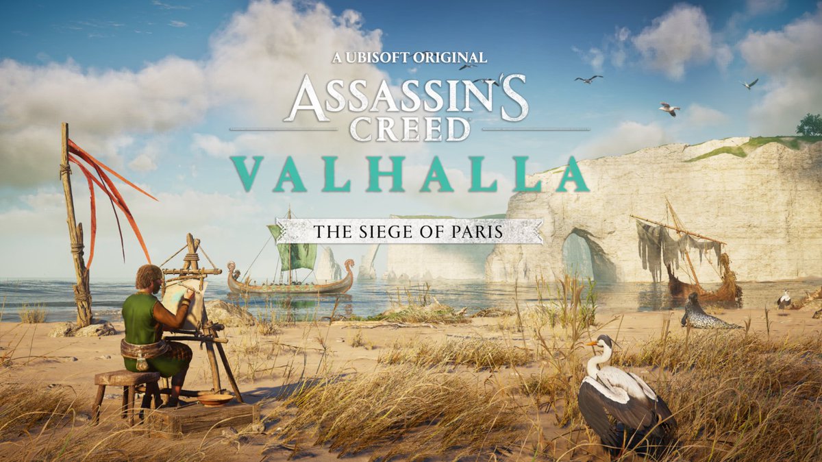 A highly rendered image of a man sitting at an easel on a stool amidst a tan beach with sparse, dry grass. The man, with brush in hand, paints on a stretched canvas. A large waterfowl looks on as he paints. A wooden flagpole stands in the middle distance, with a Raven Clan long ship in the background on the coastal waters, pointed towards a nearby shipwreck. Further beyond are stark white cliffs above the sea.