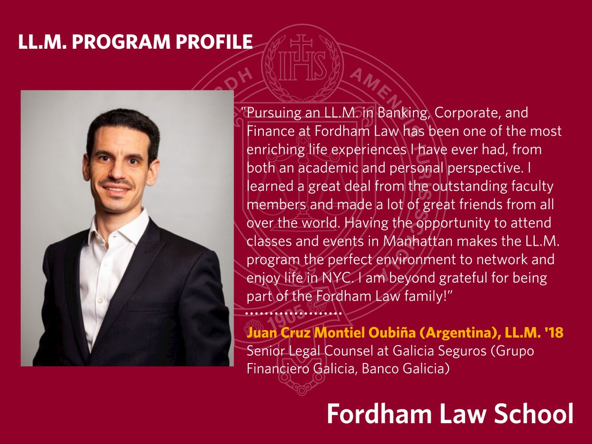 FordhamLawINTL's tweet image. #LLM Program Profile - Juan Cruz Montiel Oubiña (Argentina), LL.M. &apos;18
Senior Legal Counsel at Galicia Seguros (Grupo Financiero Galicia, Banco Galicia)

#FordhamLaw #LLMAlumni