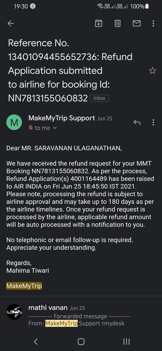 mathisoft's tweet photo. @makemytripcare @makemytrip 
Reg. Reference No. 13401094455652736: 
Can you explain as to why your customer care keeps extending date. 1st request was raised on 25June and 2nd req on August7. 
I am waiting since 25jun for refund.
@airindiain Refund application number: 4001164489 https://t.co/CiQvRNRWch