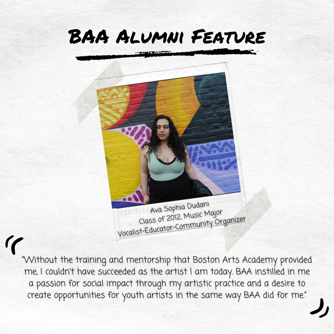 Meet Ava Dudani (BAA ’12)! After graduating from BAA, Ava was awarded a 4-year scholarship to Berklee College of Music. She has mentored youth at local organizations while helping students foster authenticity through music education. We're so proud of Ava! #baapride #baaalums