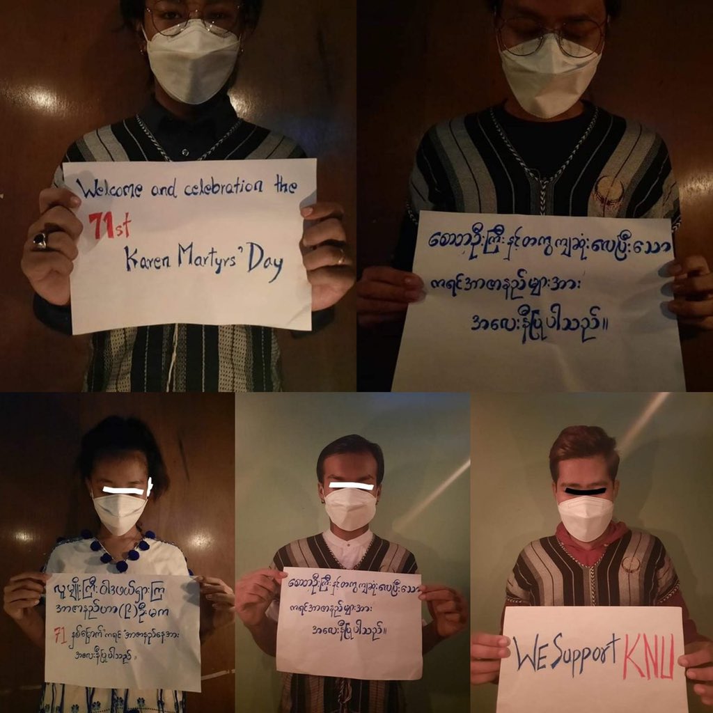 Pro-democracy youths from Yangon's North-Okkalapa Tsp, staged anti-coup domestic strike to mark the 71st anniversary of Karen's Martyrs' Day.

#ChinaSupportingJunta #Aug12Coup 
#WhatsHappeningInMyanmar