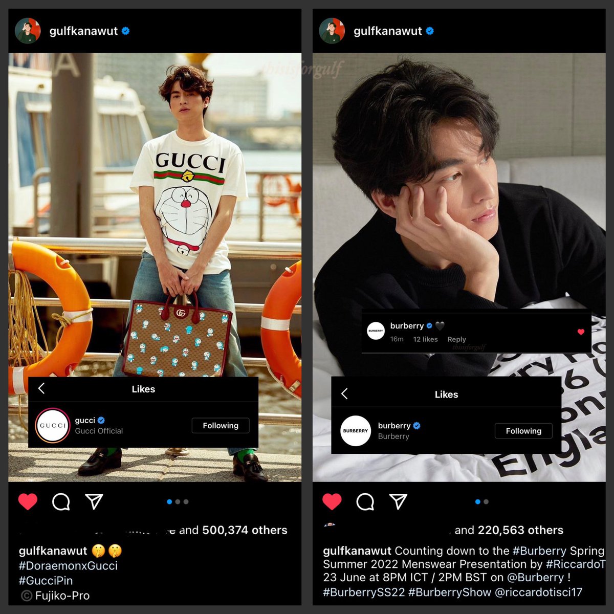 thisisforGulf's tweet photo. Gulf and Signature Brands ofc accounts interaction:

✅Coach

👍🏻Coach Mother’s Day 08/08/20
👍🏻&amp;💬 #BAPExCoach

✅Gucci

📢 Featured on Gucci official FB page (TH region)
👍🏻 #DoraemonxGucci

✅Burberry

👍🏻&amp;💬 Burberry Spring Summer MW presentation 2022

#GulfKanawut @gulfkanawut https://t.co/MosNTNgNfK