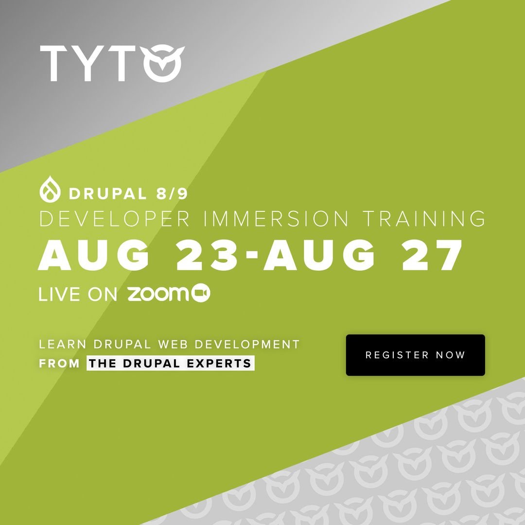 Learn Drupal web development from the Drupal experts. Hurry, Tyto’s next 5-day Drupal Developer Immersion training starts August 23rd!
Register now: tytolearningsolutions.com/tyto-drupal-tr… 
#drupal #drupal8 #drupal9 #drupaltraining #developerimmersion