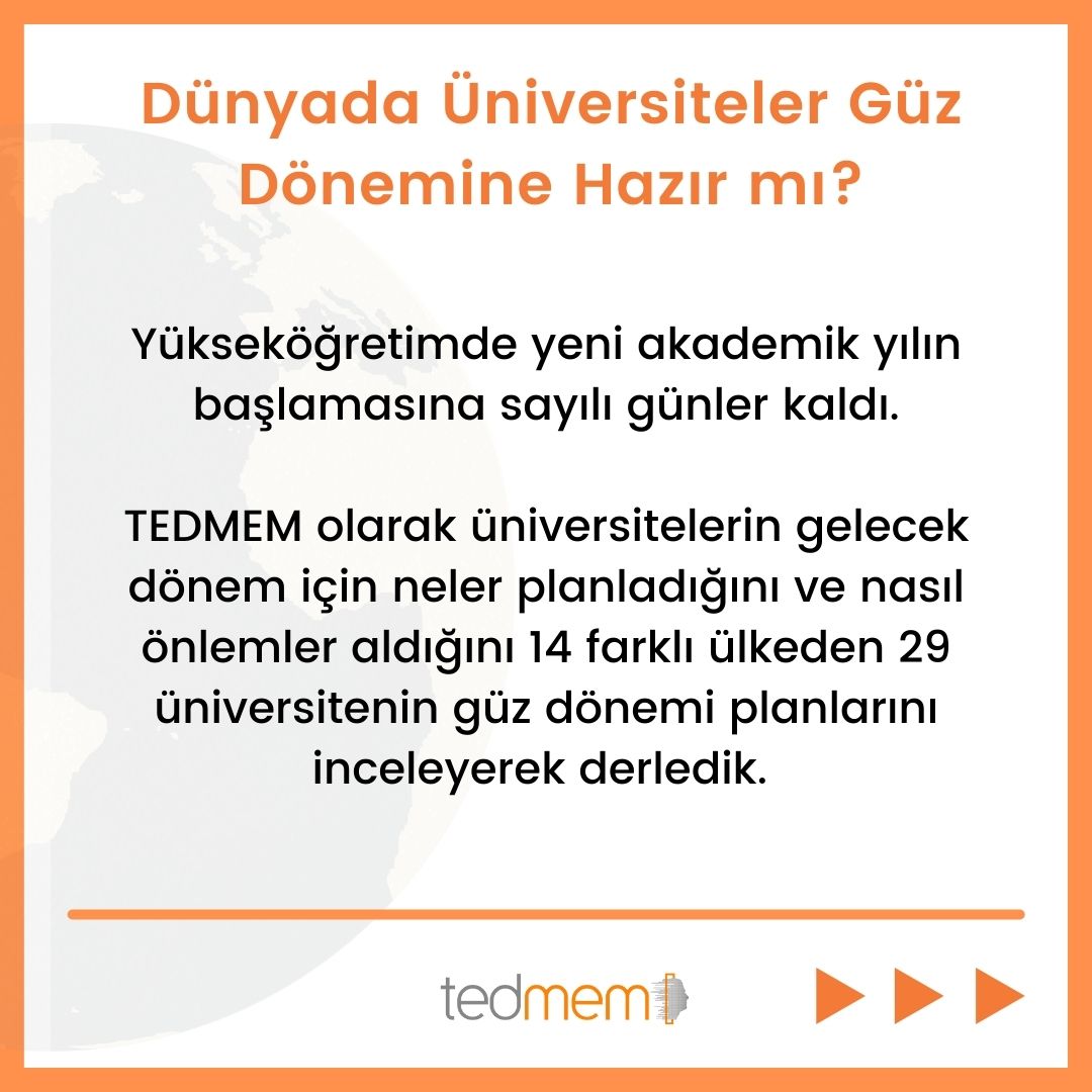 tedmem's tweet photo. Dünyada Üniversiteler Güz Dönemine Hazır mı? TEDMEM olarak 14 farklı ülkeden 29 üniversitenin güz dönemi planlarını inceledik. Keyifli okumalar dileriz. #universiteler #COVID19 #tedmem
https://t.co/9LvQNAyzmh https://t.co/Ll1coDnpQv
