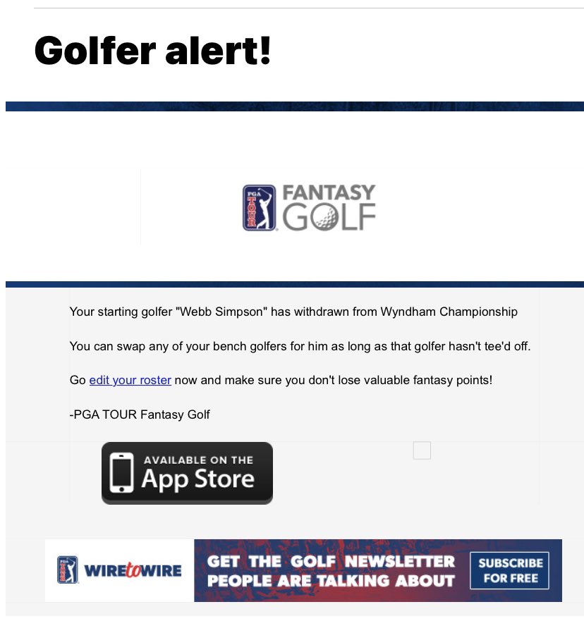linkshomesearch's tweet photo. Hey @PGATOURComms @PGATOURLIVE @RobBoltonGolf @GolfChannel #PGATourFantasy @webbsimpson1 withdraw from @WyndhamChamp ? Or was it just a glitch email sent out to everyone who selected #WebbSimpson on their roster?!!! https://t.co/X739cdIKKn