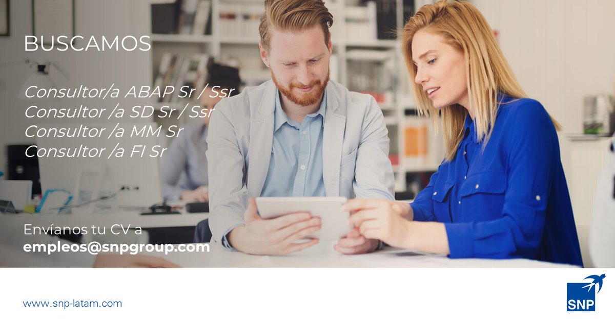 #TucarreraenSNPLatam 😀
Te estamos buscando!

✔️ Consultor/a ABAP Sr/ Ssr.
✔️ Consultor/a SD Sr/Ssr.
✔️ Consultor/a MM Sr.
✔️ Consultor/a FI Sr.

Para conocer los requerimientos y las tareas puedes enviar un email a empleos@snpgroup.com 
Esperamos tu CV  💯