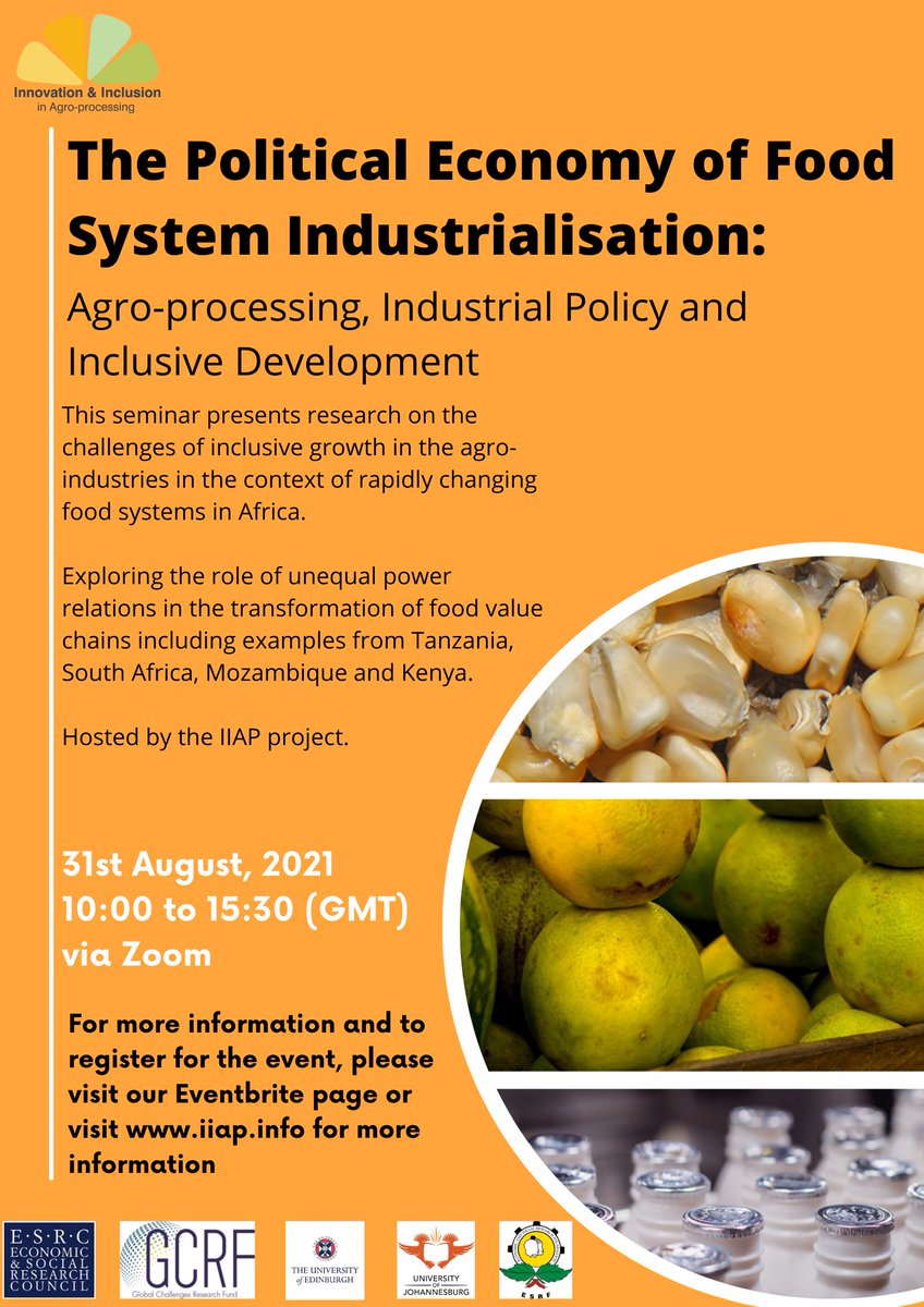 School of Social & Political Science Edinburgh (@uoessps) on Twitter photo Online conference📣💡
Join <a href="/IIAP_Research/">Innovation and Inclusion in Agro-Processing</a> for a free event addressing critical issues in #FoodSystems in #Africa.
The Political Economy of Food System Industrialisation
🗓️Tuesday 31 August, 10am – 3.30pm, on Zoom.
More info and book your place➡️
tinyurl.com/xdw7fuex Online conference📣💡
Join <a href="/IIAP_Research/">Innovation and Inclusion in Agro-Processing</a> for a free event addressing critical issues in #FoodSystems in #Africa.
The Political Economy of Food System Industrialisation
🗓️Tuesday 31 August, 10am – 3.30pm, on Zoom.
More info and book your place➡️
tinyurl.com/xdw7fuex