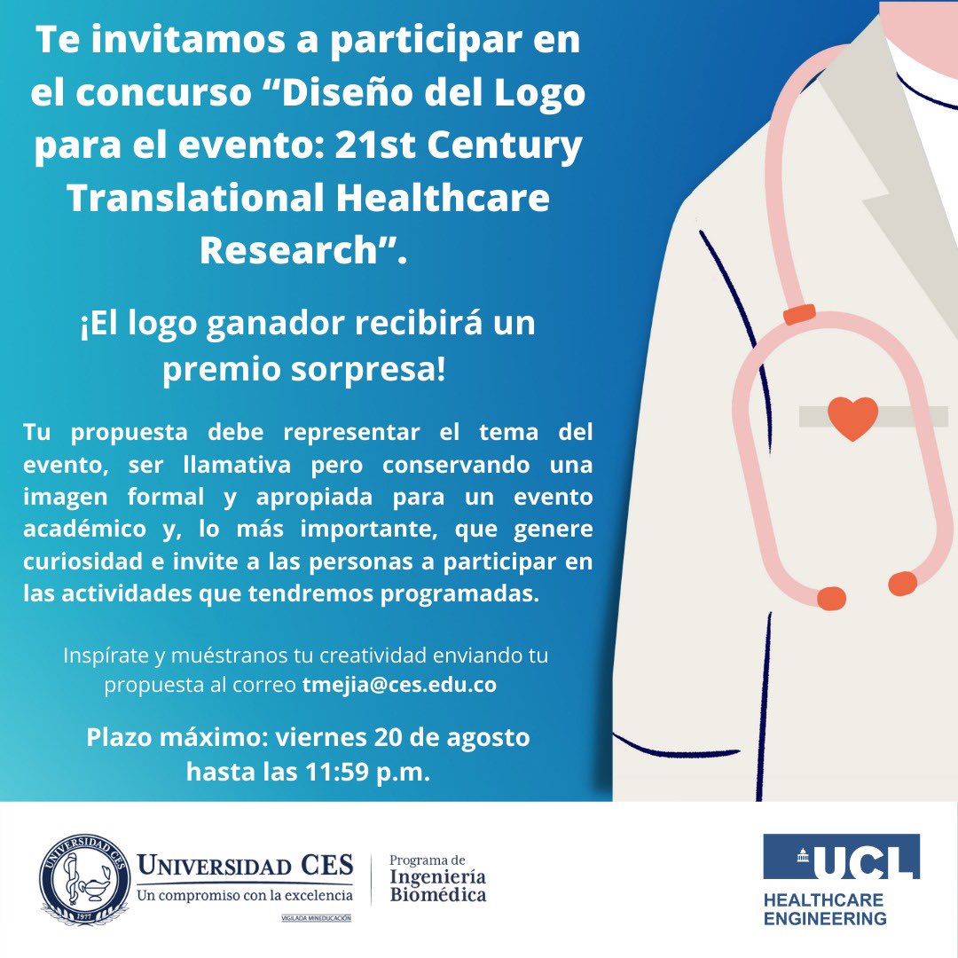 Te invitamos a participar del concurso para crear el logo del evento "XXI Century Translational Healthcare Research". ¡Impulsa tu imaginación y compártela con todos en este concurso! <a href="/Health_Eng/">UCL Institute of Healthcare Engineering</a> #creatividad