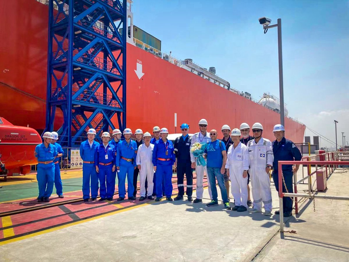 Exmargroup's tweet photo. #JiangnanShipyard representatives, #Exmar site team and our take over crew for the second new build #VLGC back from the sea trials: Captain Jaroslaw Stepski and Chief Engineer Leen Boot, together with the officers Davor, Jaksa and Bai. Thanks for the flowers! https://t.co/jm1GW0AB8G