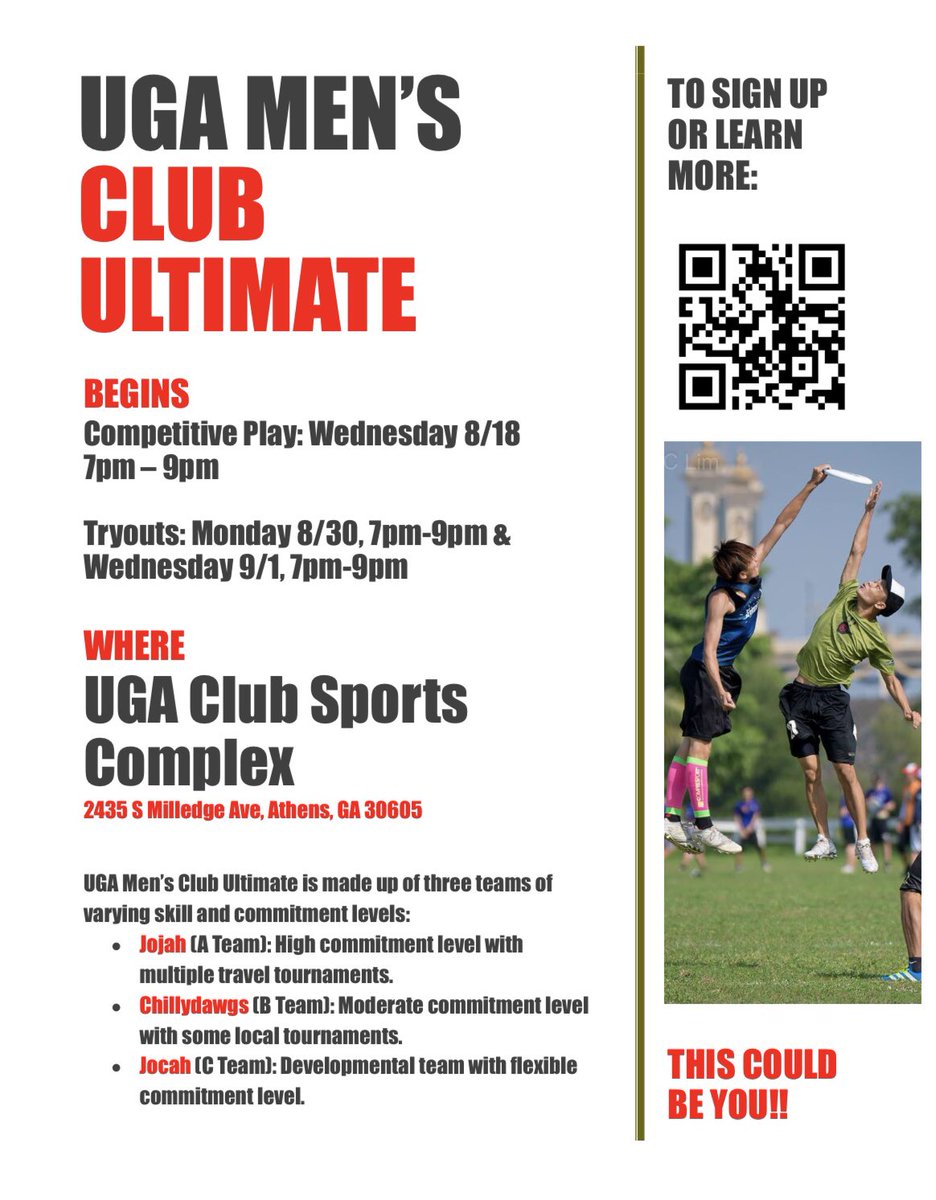 Hello! We’re happy to announce that sign ups for Men’s Club Ultimate at UGA are now open! If you’re interested in playing Pickup, trying out for any of our THREE teams, or just doing some general heckling, this form is for you! <a href="/UGAUltimateC/">JoCah UGA</a> <a href="/chillydwags/">Chillydwags Ultimate</a> 

forms.gle/hZPVYTdngkp2C6…