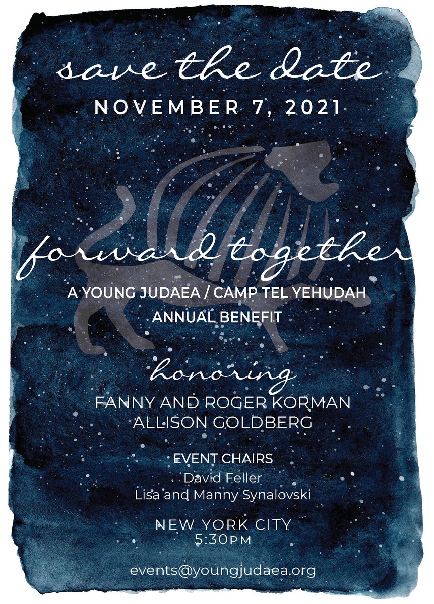Mark your calendar! Our Annual Young Judaea/Camp Tel Yehudah Benefit will be on November 7, 2021 in New York City and we can't wait to see you there! More details to follow.