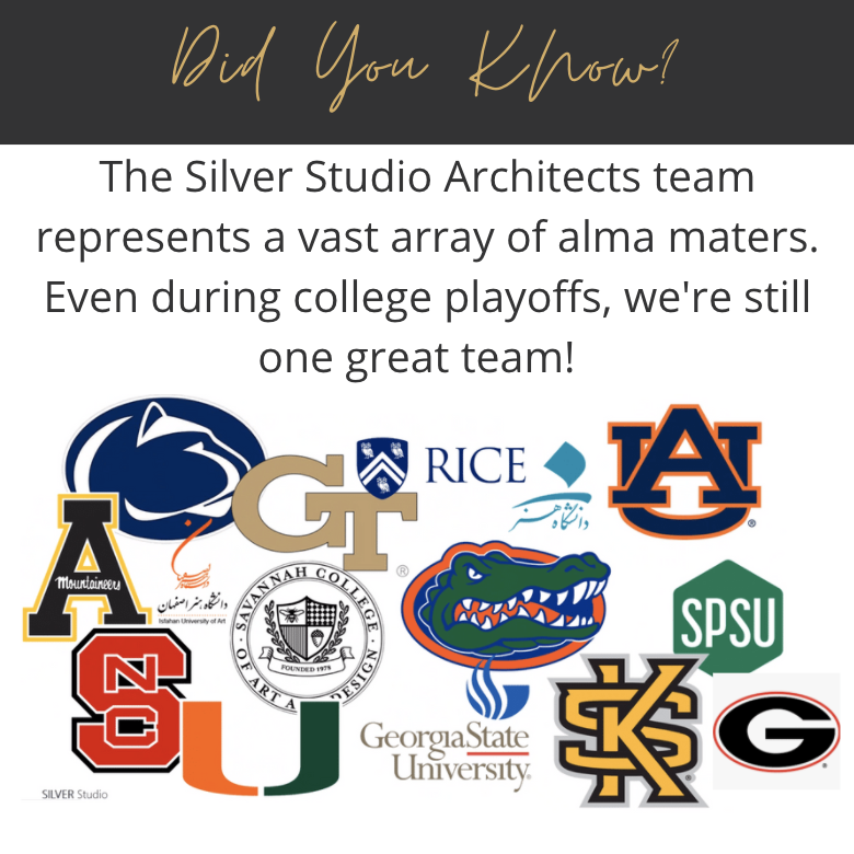 SilverStudioAr2's tweet image. DYK? The #SilverStudio team represents an array of alma maters. Even during college playoffs, we're still one great team! #Auburn #RiceUniversity #AppState #NCU #GeorgiaTech #PennState #UGA #univmiami #UF #SCAD #KSU #georgiastateu #UniversityofArtTehran #ArtUniversityofEsfahan