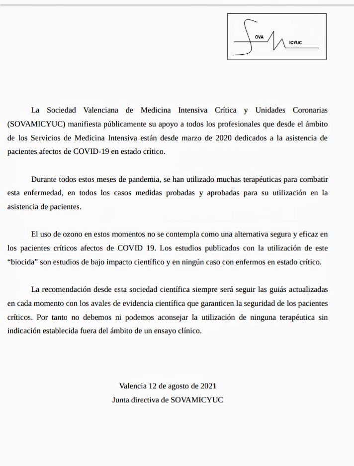 3SM10v's tweet photo. Comunicado de la Sociedad Valenciana de Medicina Intensiva. Apoyo a la labor de los profesionales de Medicina Intensiva dedicados a atender pacientes de COVID19. El uso de ozono no se contempla como una alternativa segura y eficaz. https://t.co/crJe4RFchH
