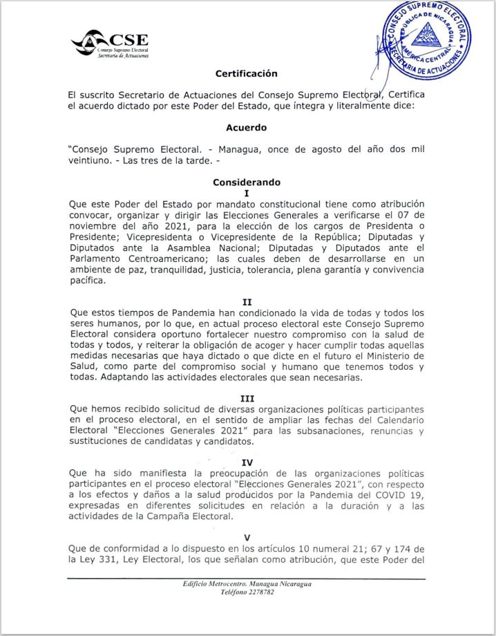 #EleccionesLibres2021 🇳🇮 | Consejo Supremo Electoral amplía Calendario Electoral 2021🗓️

➡️bit.ly/2UaXfSC

El CSE extiende el plazo para el período de subsanación, renuncias y sustitución de candidatos y candidatas, publicación provisional y el periodo de impugnaciones.