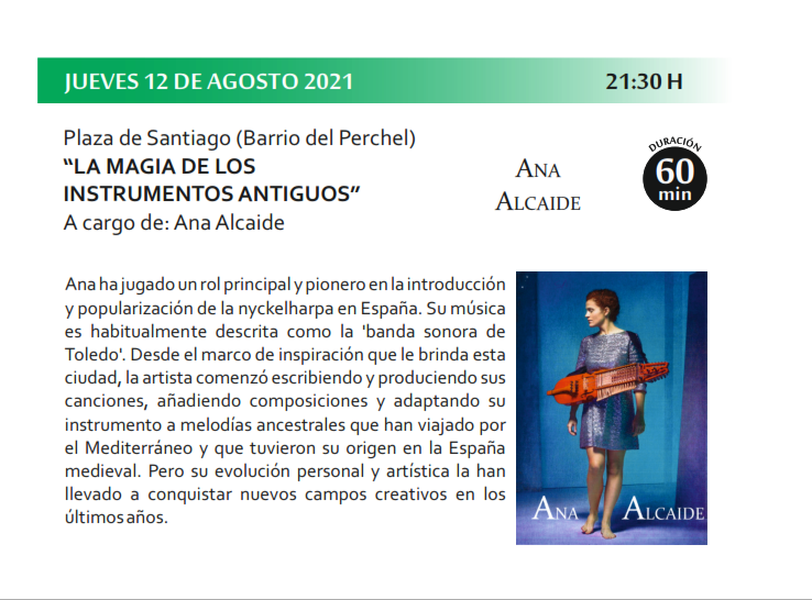 AYTO_CIUDADREAL's tweet photo. BARRIOS CULTURALES 2021

Este jueves 12 de agosto, "La magia de los instrumentos antiguos" a cargo de Ana Alcaide en la Plaza de Santiago (Barrio del Perchel) a las 21:30 h.
 
Actividad gratuita, tiene un aforo limitado. https://t.co/7qx7VthHgz