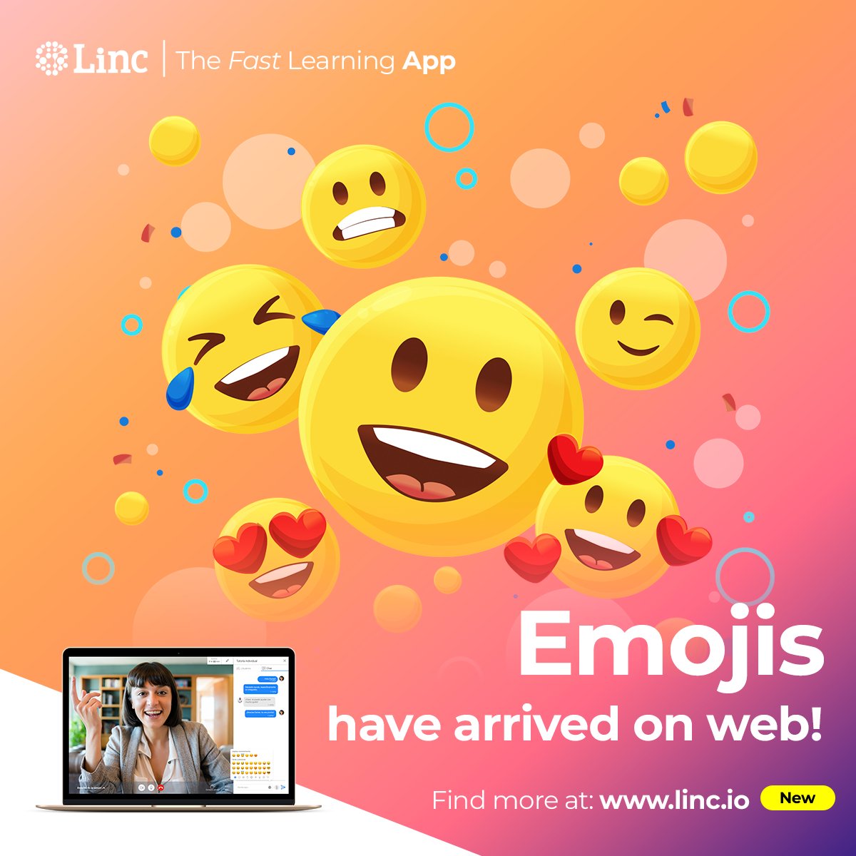LincLearning's tweet photo. Emojis have arrived on the web app! 😃
•
We have added a new quick-access emoji bar in our web app so you can easily make them part of your messages. #thefastlearningapp #Linc #tutoring
•
•
Find out more about our platform at https://t.co/EeOezuXsBU https://t.co/9uP3JkJDcE