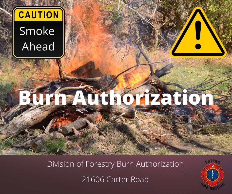 The Division of Forestry has authorized a burn permit for 21606 Carter Road (just off of Corkscrew Road) in the eastern end of the Estero Fire district. Please be aware that there may be smoke in the area and that it could be heavy at times.  Use caution if traveling in the area.