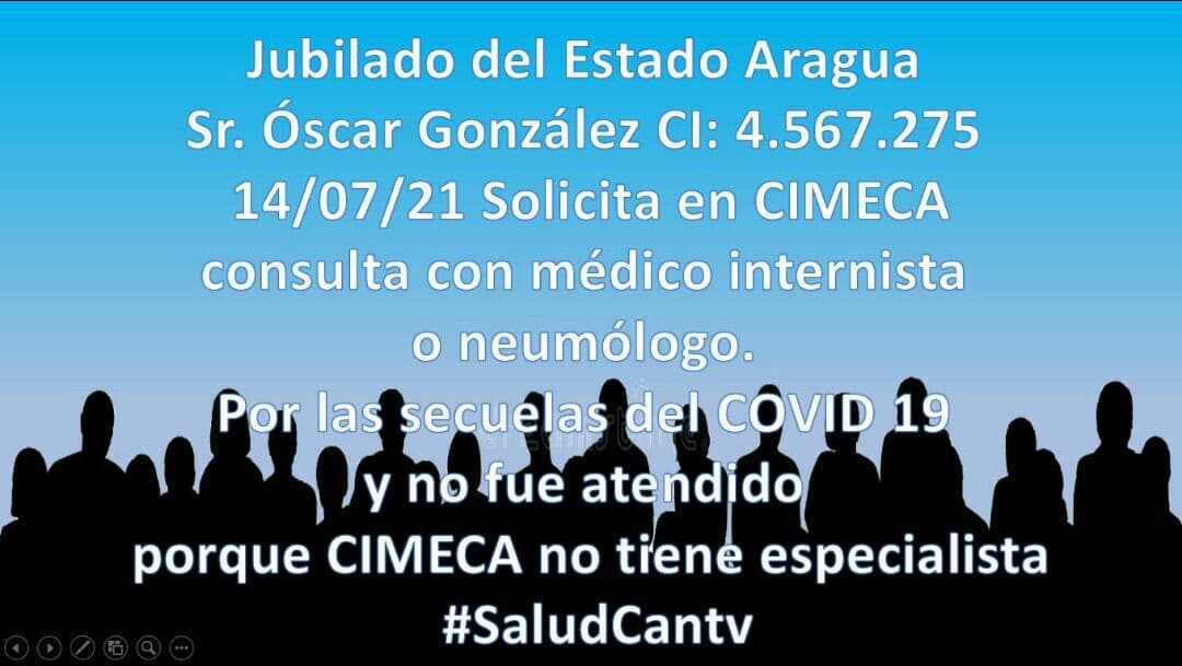 JudithD16836389's tweet photo. #12Ago #485Dias #PdteAldanaCantv, por el rescate Plan #SaludCantv. Con nombre y apellido. El Sr Oscar González Jubilado del Edo. Aragua denuncia, que en CIMECA por falta de pago no hay atención médica especializada y esto sucede en los demás Estados del interior #Derogar2792 https://t.co/1WabjQSqHh