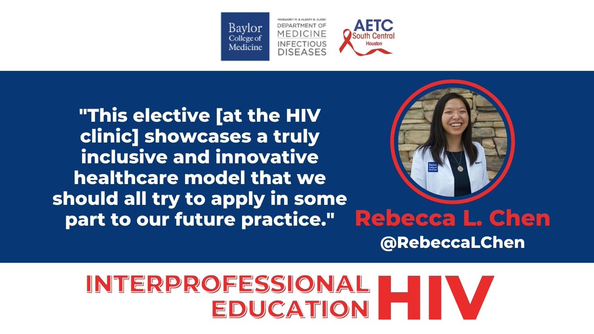 HoustonAETC's tweet photo. Did you know we offer electives for health students and professionals at our #HIV clinic??

Today we feature @RebeccaLChen, a recent #medicalstudent in our program. She is also involved w/ Physicians for Human Rights (@P4HR) &amp; a Medical Ethics Student Organization.

#HAETCIPE https://t.co/Dn2jGu8LQ4