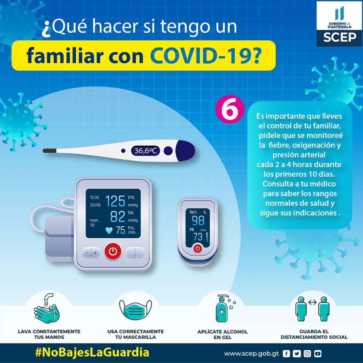 SCEPgt's tweet photo. Prevenir contagios y evitar la programación del COVID-19 es tarea de todos, por eso, conoce qué hacer si un familiar está contagiado con el virus.

Cuida tu salud, la de tu familia y amigos. #JuntosSaldremosAdelante https://t.co/HWYIqRRl8C