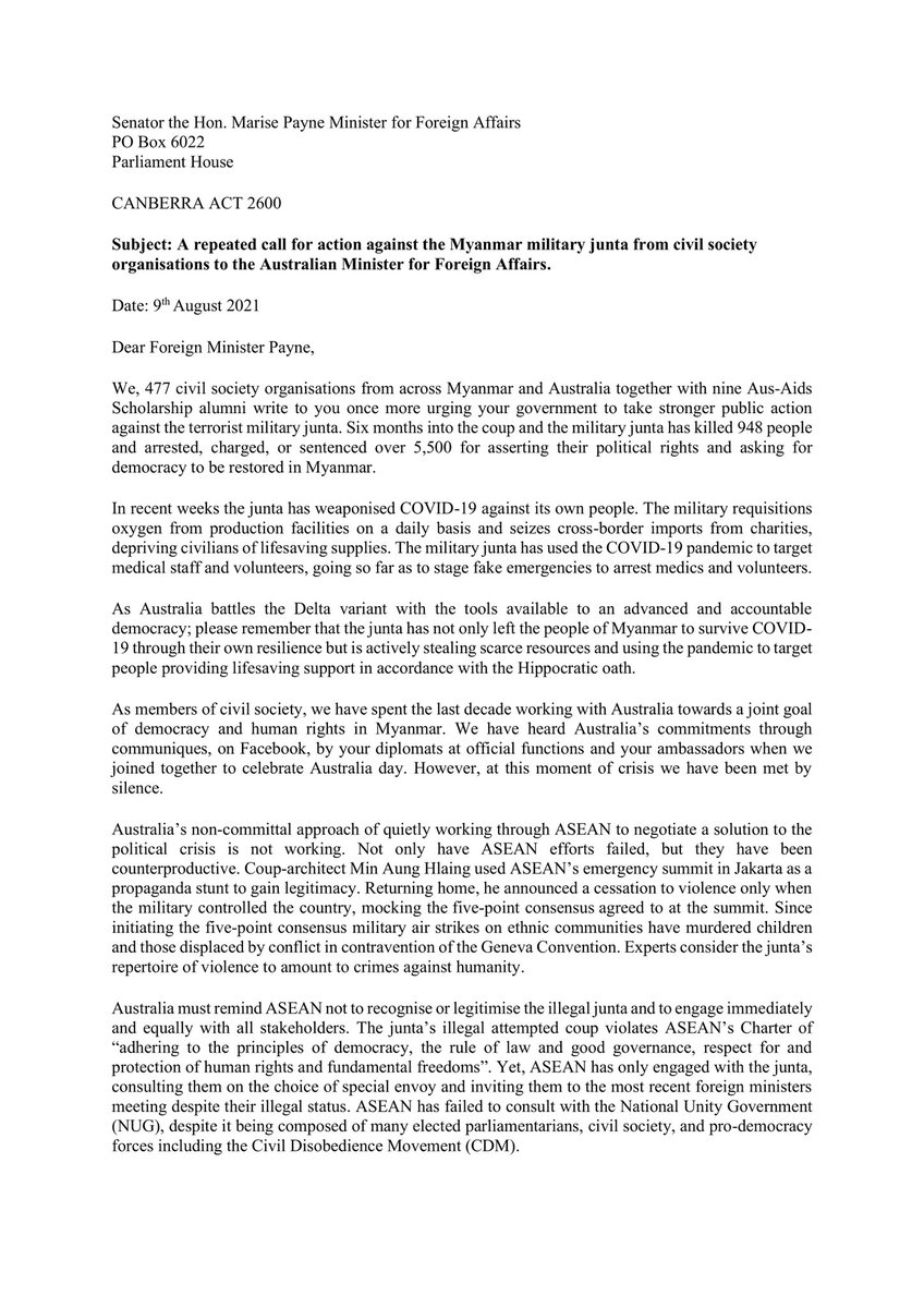 monique_zin's tweet photo. @PVamplify @MarisePayne @NUGMyanmar @MarisePayne @ScottMorrisonMP @dfat @DaveSharma @janet_rice @PeterKhalilMP Australia as a leading country that value human rights, hear the voices from Myanmar &amp; Australia! Persuade ASEAN to engage with all stakeholders! At least impose sanctions on Min Aung Hlaing &amp; Soe Win. https://t.co/e2Wz4R4L6P