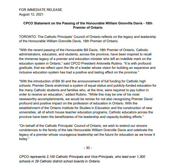 Catholic Principals’ Council of Ontario Statement on the Passing of the Honourable William Grenville Davis - 18th Premier of Ontario.

Read our full statement: bit.ly/cpco-media-rel…

#LeadCPCO #CPCOnews #OntEd