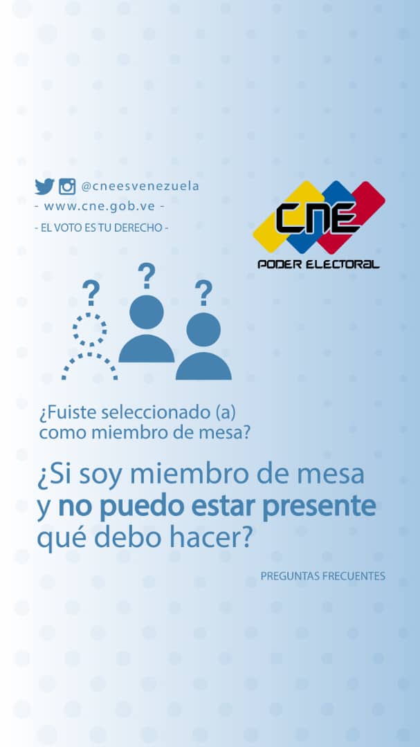 cneesvzla's tweet photo. ¿Si soy miembro de mesa y no puedo estar presente qué debo hacer?  Si eres mayor de sesenta y cinco años de edad, tienes alguna discapacidad física, mental, de salud o legal, eres candidato o candidata en el proceso electoral del próximo 21 de noviembre. https://t.co/s1HZlyhqnb