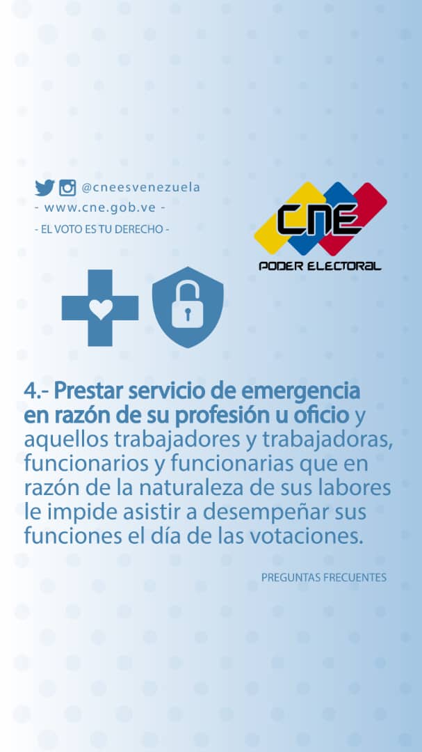 cneesvzla's tweet photo. También, sí según la índole de tu trabajo, prestas algún servicio de emergencia en esa fecha, entonces entras en la categoría de excepciones para cumplir el Servicio Electoral Obligatorio de acuerdo a la ley (Art. 113 LOPRE). https://t.co/e0lcEOwWRm