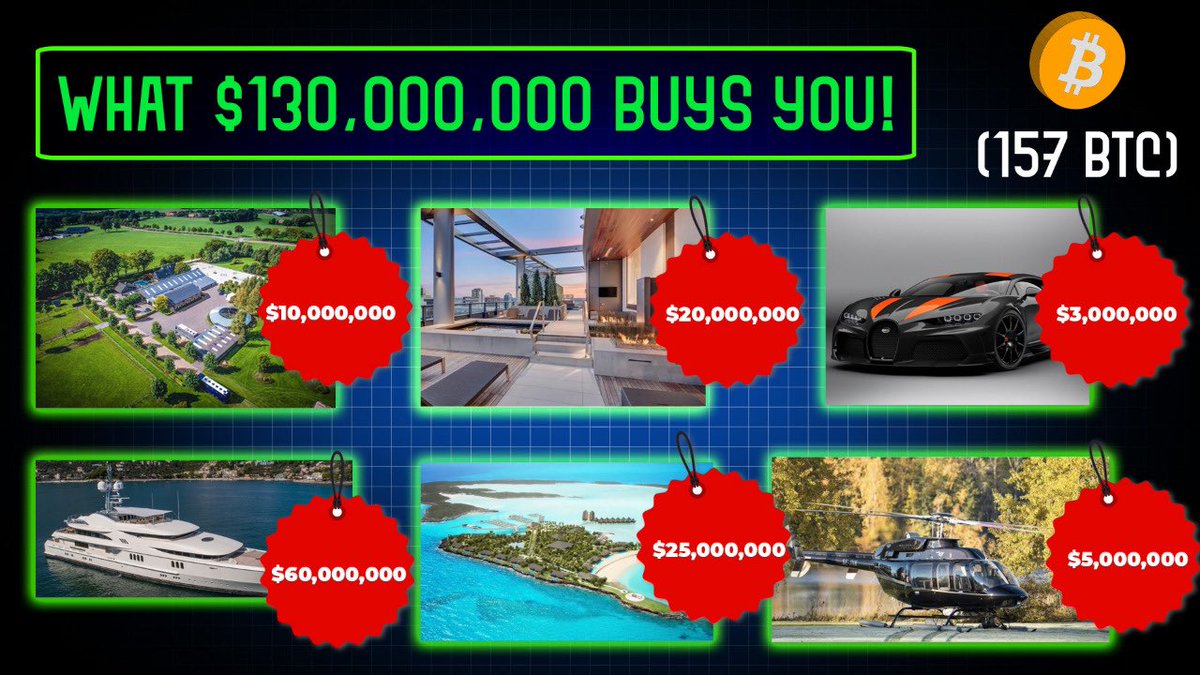 You have a choice;

A. This jpeg.

B.  All of this.

1 x $60m yacht.
1 x $20m NYC Apartment 
1 x $10m stud farm
1 x $ 5m Bell Chopper
1 x $25m Carribean Island
1 x $3m race car
157 Bitcoin.

Both options cost $130m

Which do you choose?