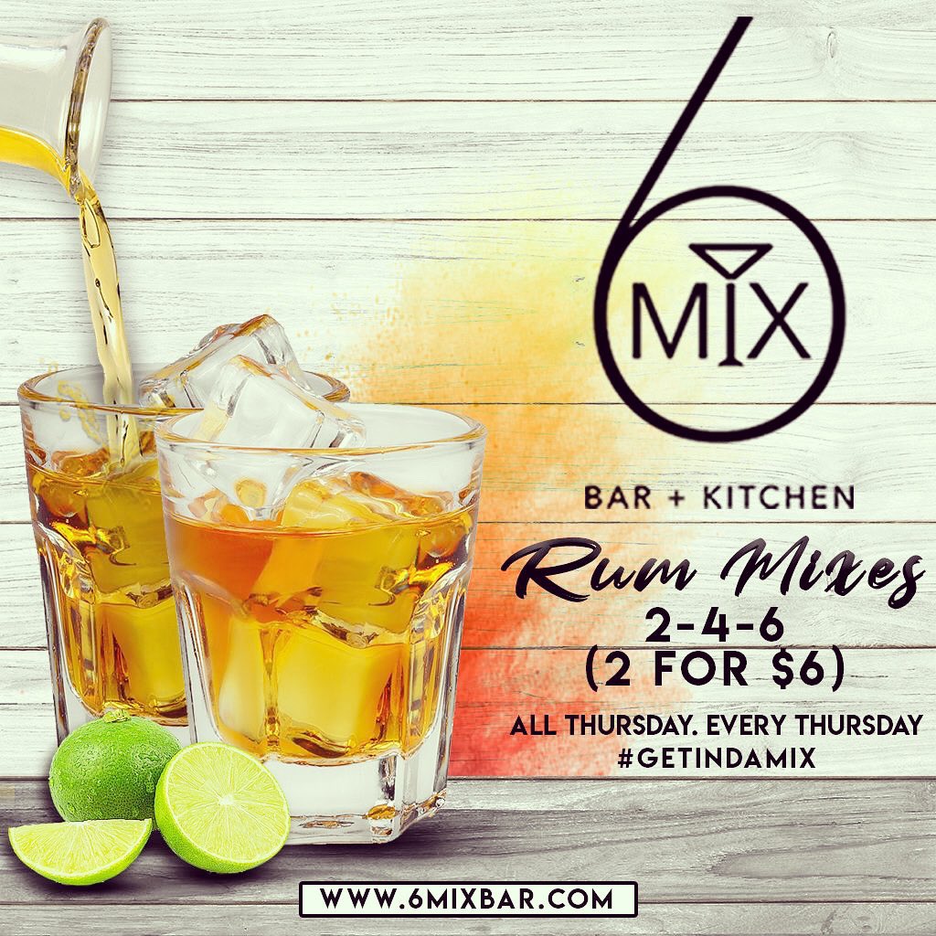6mixBar's tweet photo. 2-4-6*….. Get in da mix! 🥃

Every Thursday…. All day long 💃🏽🕺🏿

#6mix #416to246 #getindamix #rum #rumtillidie #drinks #foodie #Barbados #Toronto #the6ix #BIM
#welivewhereyouvacation☀️🌴😎 

*Mixes include: Coke, Sprite, Gingerale and soda water https://t.co/vEN4qLgkqX
