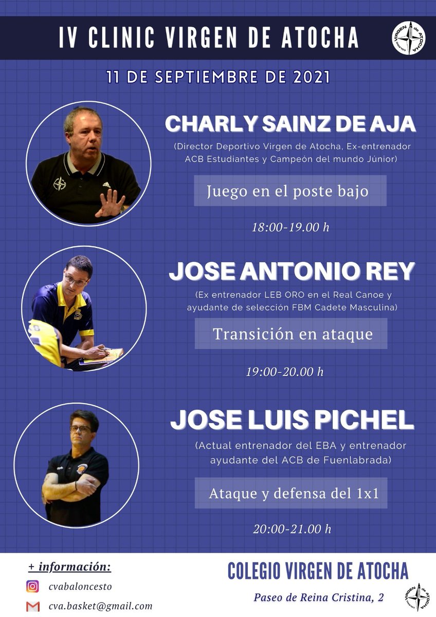 CVABaloncesto's tweet photo. Otro año más tenemos fecha para el "Clinic de Virgen de Atocha" en menos de un mes se llevará a cabo otra espectacular sesión de formación. Centrada en aspectos técnico/tácticos, sobre todo de Ataque. Como siempre, con ponentes de lujo. Gracias @CharlyAjaRM @yereas @jlpichel https://t.co/mMd7oTxe53
