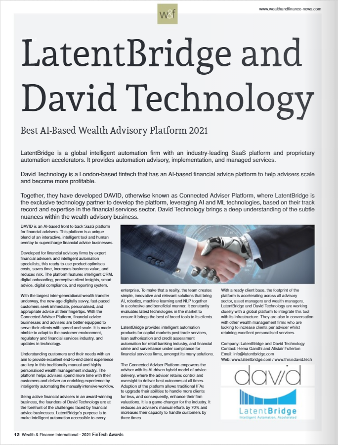 LatentBridge's tweet photo. The Connected Adviser Platform automates adviser activities by 70% and increases adviser capacity by 3X for independent financial advisory firms and wealth management businesses. https://t.co/lkOGOmQENP
#wealthtech #wealthmanagement #intelligentautomation #fintech https://t.co/CDSwDQNvAL