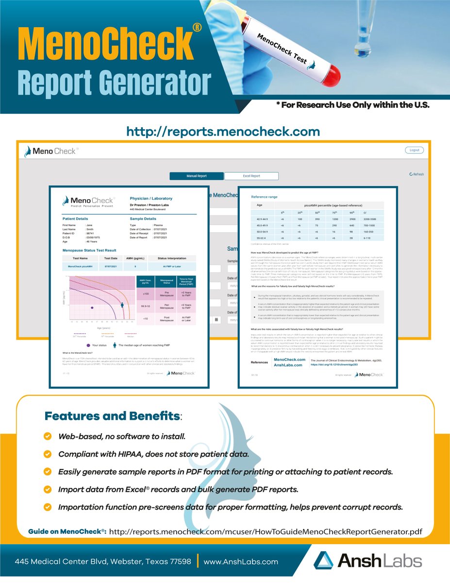 AnshLabs's tweet photo. Ansh Labs announces the availability of a proprietary new web-based nomogram for use with the MenoCheck picoAMH immunoassay. First ever FDA-cleared, MenoCheck is designed to help physicians assess a woman’s menopausal status by measuring ultra-low levels of AMH. 

#AMH #Menopause https://t.co/GYfGpvv7bA