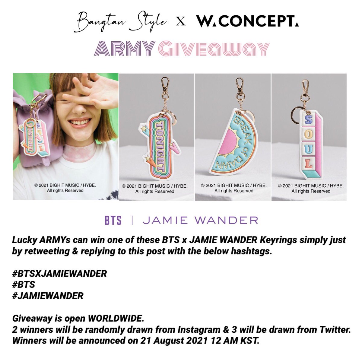 Bangtan_Style07's tweet photo. BTS ARMY GIVEAWAY!
With DYNAMITE’s incoming 1 year on 21 August, Bangtan Style & W Concept are giving away BTS x Jamie Wander Dynamite Keyrings (valued at $75) for lucky ARMYs.
Just simply RT & reply with the hashtags:
#BTSxJAMIEWANDER
#BTS
#JAMIEWANDER
Good luck ARMYs! 💜 https://t.co/VbrthcmB2t