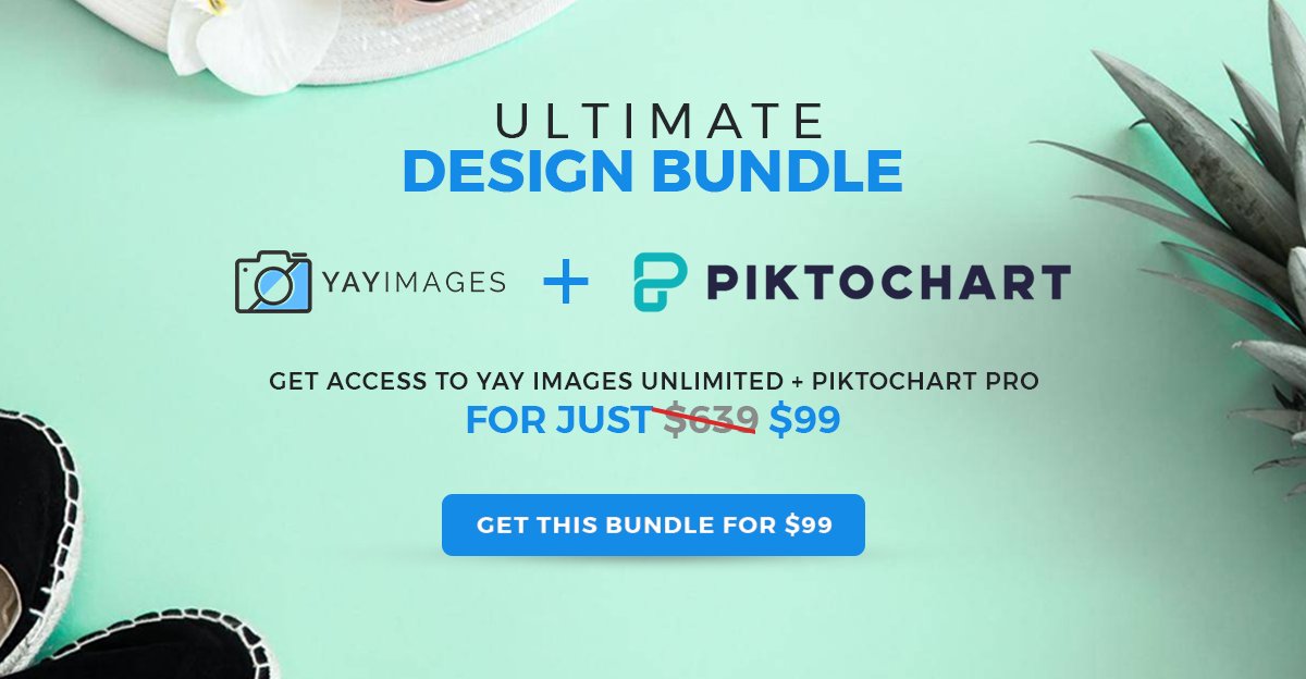 piktochart's tweet image. We dropped the price for the design bundle with Piktochart Pro and Yay Images Unlimited to $99 for a limited number of seats (regular price is $639). Reserve your yearly subscription now. Less than 3 days left! hubs.ly/H0V9lZB0

#designdeal #offer #designtools #Piktochart