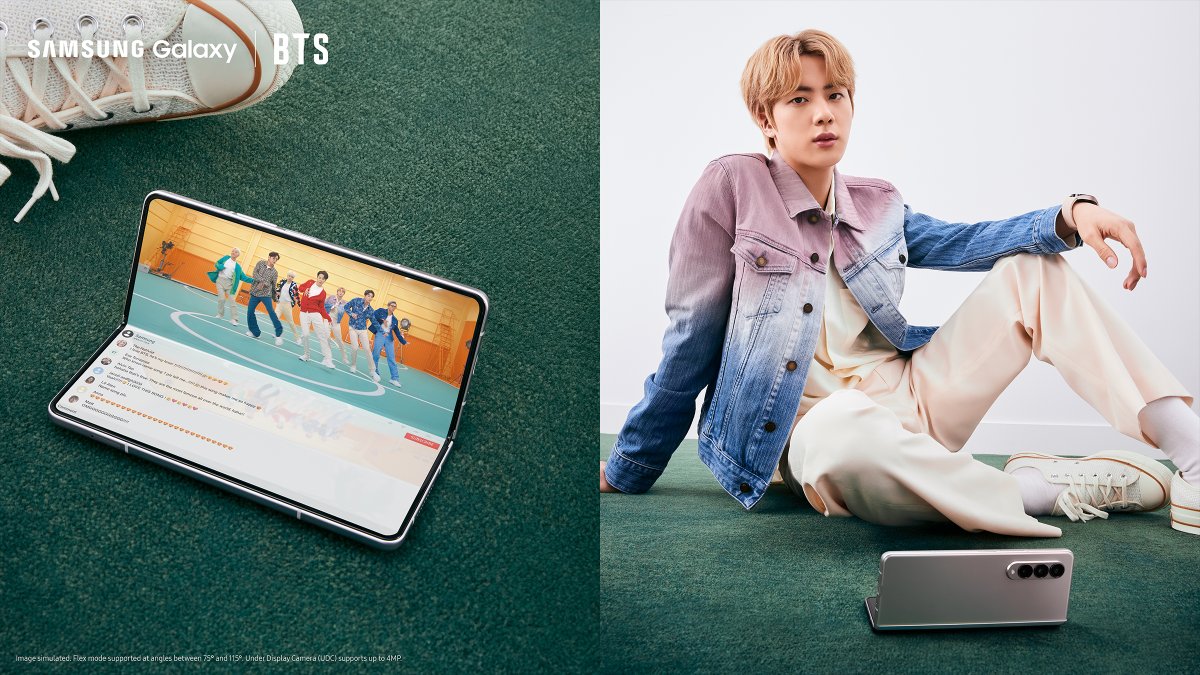 Handy as it seems: #Jin is enjoying hands free livestream — which means more chances to meet #Jin in live.
#GalaxyZFold3 #GalaxyxBTS @BTS_twt  

Learn more: smsng.co/GalaxyZFold3