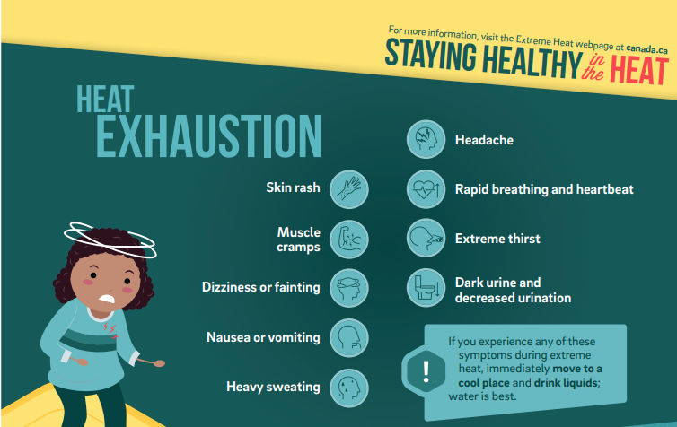 VCHhealthcare's tweet photo. With a Heat Warning in effect for many parts of BC, itโs important to be able to recognize signs of heat exhaustion and heat stroke.
Check out this handout from Health Canada on symptoms to watch out for ๐ https://t.co/Hi3Th8Kg51 https://t.co/6DwrLoELJN