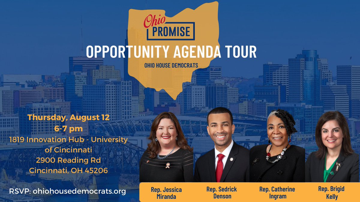 OHHouseDems's tweet photo. TONIGHT: The #OhioPromise #OpportunityAgendaTour stops in Cincinnati and Bedford. Events are free and open to the public/media, and attendees are encouraged to mask while indoors. To register, visit https://t.co/MAlGUmp3TY. https://t.co/gGeixJ55id