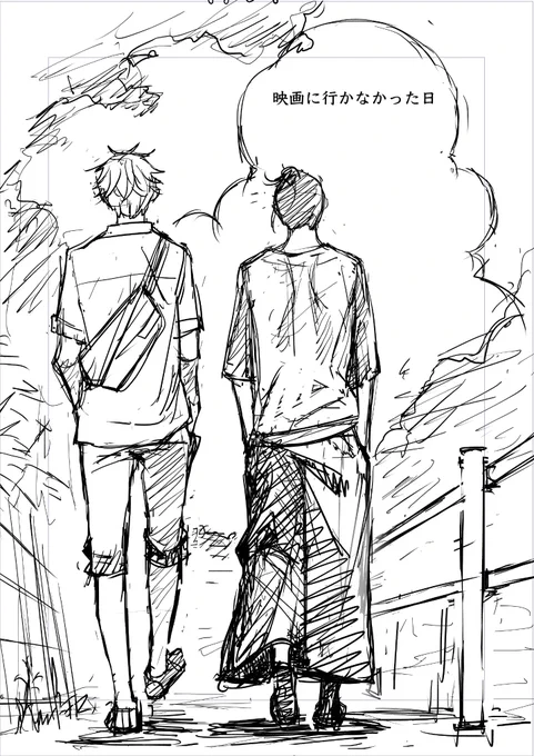 夏五
扉絵の下書き。

背景とキャラの大きさの関係を描くのが苦手ですね。 