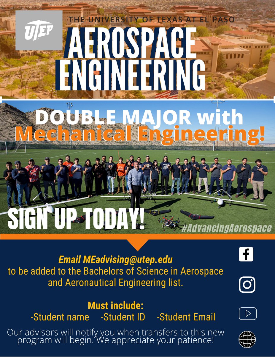 UTEPMechanical's tweet image. Can't decide between Aerospace and Mechanical Engineering? Double major! Receive your Bachelor's of Science in Aerospace Engineering &amp;amp; Mechanical Engineering at UTEP 🤙
*Double majoring is only applicable/preferable for AERO &amp;amp; MECH degrees*
#MajoringMechanical #AdvancingAerospace