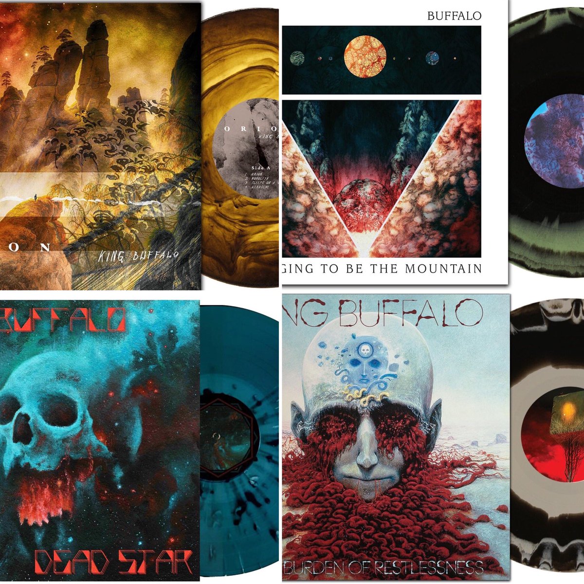kingbuffaloband's tweet photo. Presale for all our Represses is AVAILABLE NOW at https://t.co/UYlvOXV4fb #kingbuffalo #orion #LongingtoBetheMountain #DeadStar #theBurdenofRestlessness https://t.co/F0w1QcP9n6